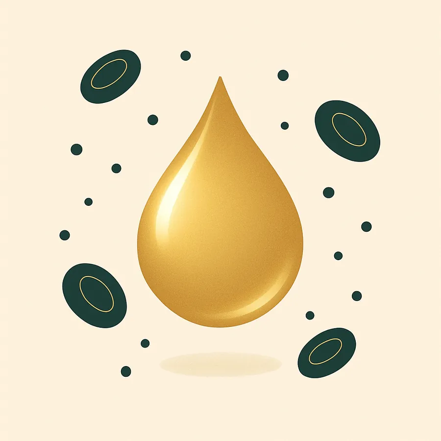 Infografik: goldener Plasma-Tropfen umgeben von Blutbestandteilen
