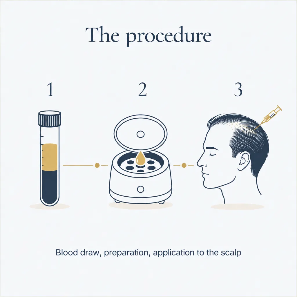 The procedure in three steps: blood draw, preparation, application to the scalp