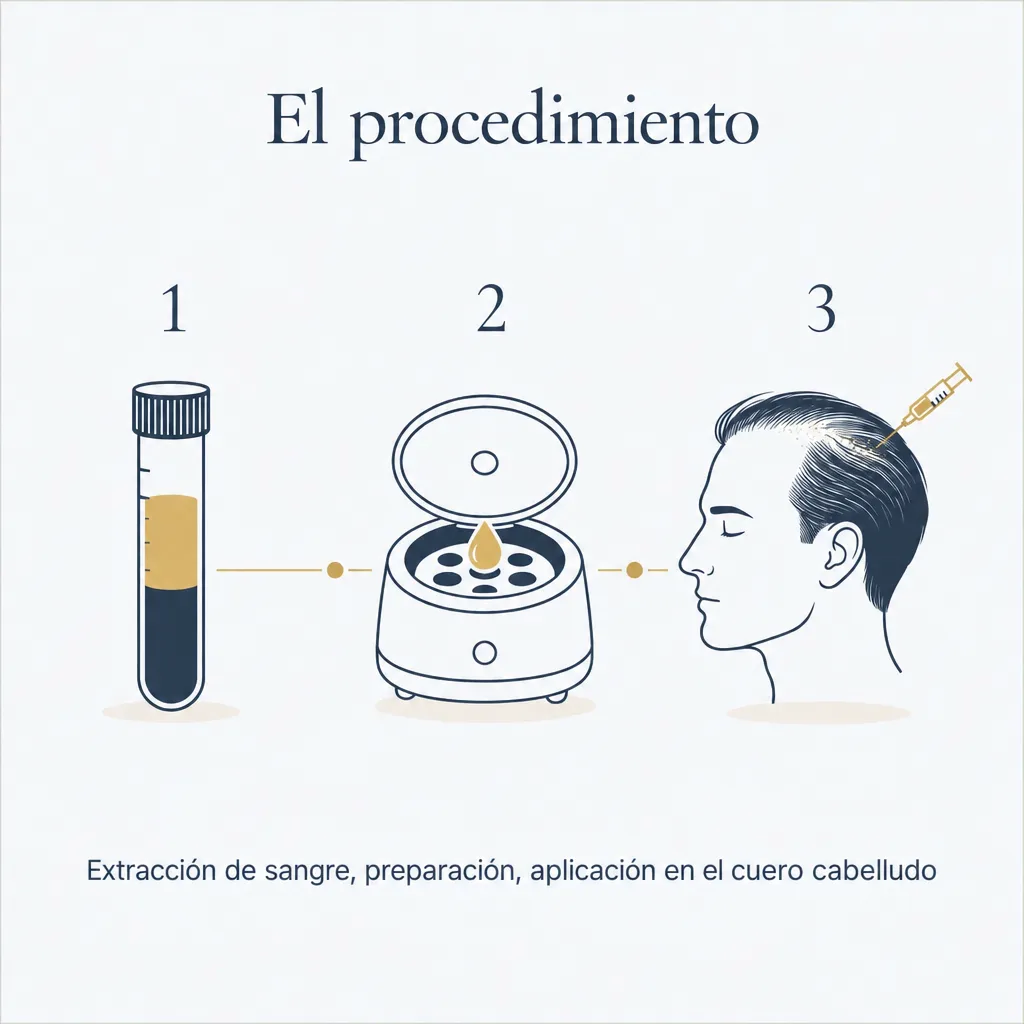 El procedimiento en tres pasos: extracción de sangre, preparación, aplicación en el cuero cabelludo