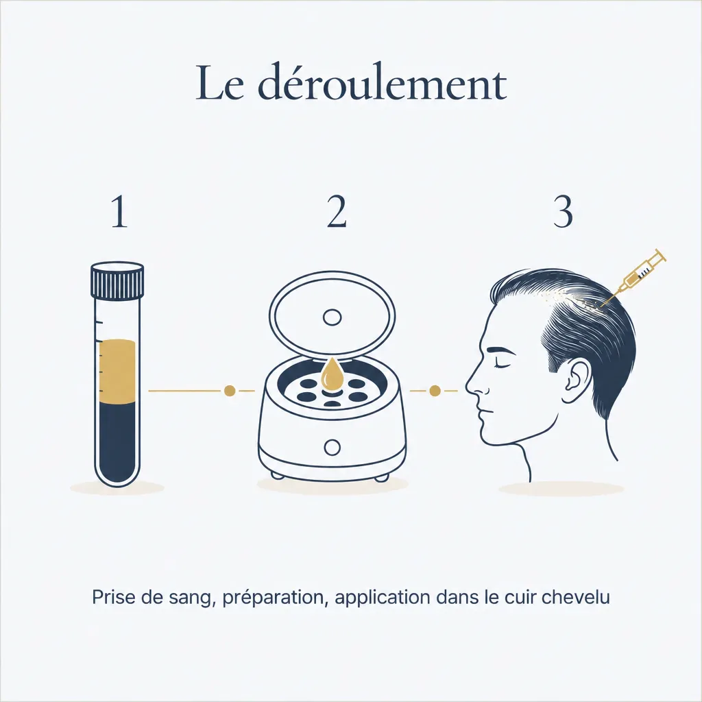 Le déroulement en trois étapes : prise de sang, préparation, application dans le cuir chevelu