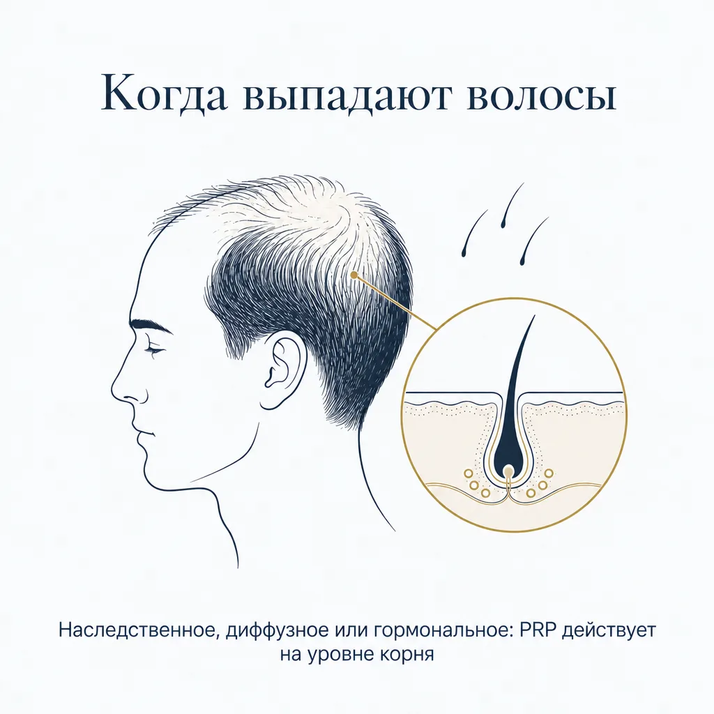 Когда выпадают волосы: наследственное, диффузное или гормональное выпадение, PRP действует на уровне корня