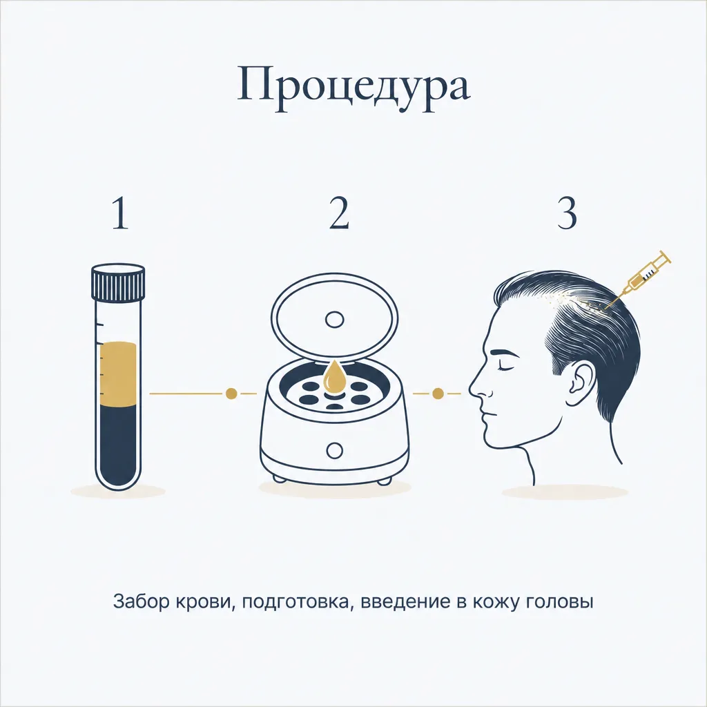 Процедура в три этапа: забор крови, подготовка, введение в кожу головы