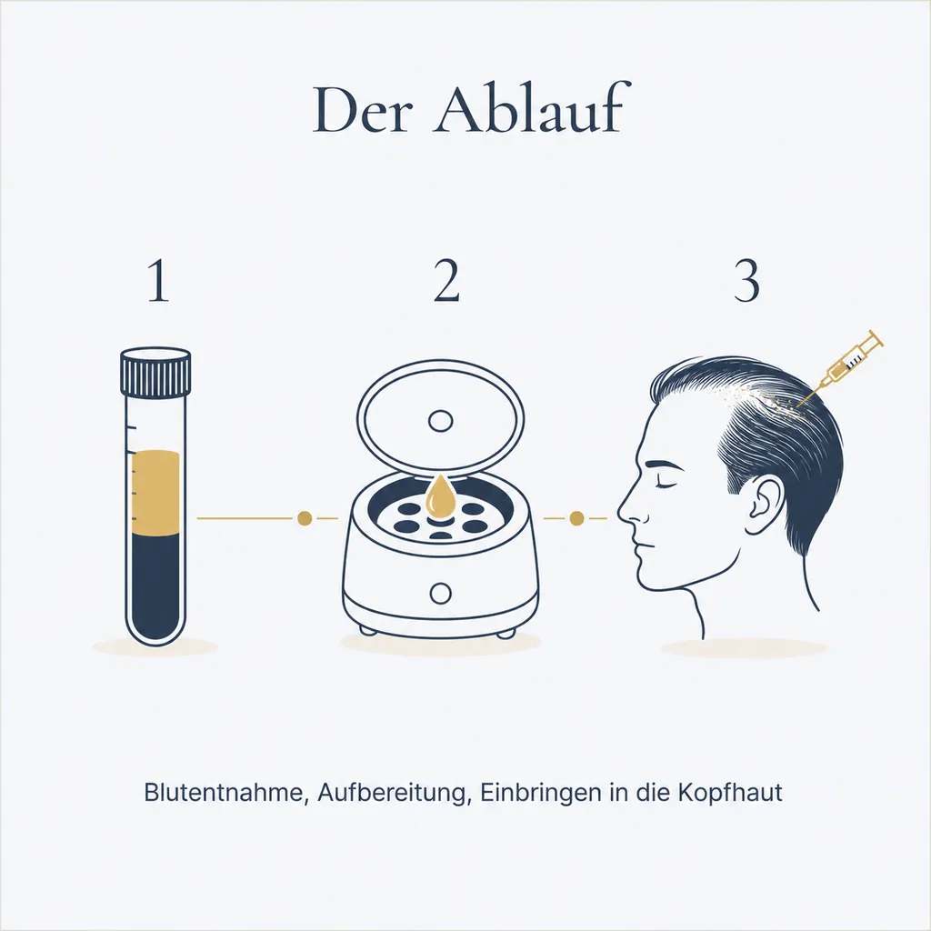 Der Ablauf in drei Schritten: Blutentnahme, Aufbereitung, Einbringen in die Kopfhaut